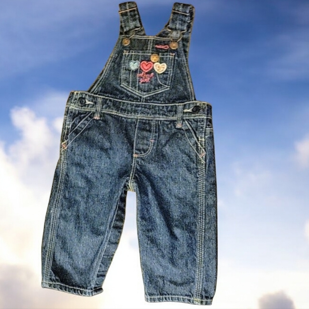 Girls 6 Month OshKosh B’gosh Embroidery Denium Blue Overalls Hearts Farm